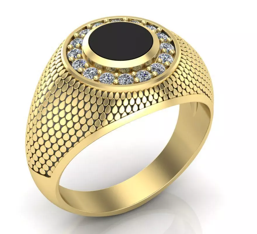 stylish mens signet ring with a pattern and a black stone 3D print model_0