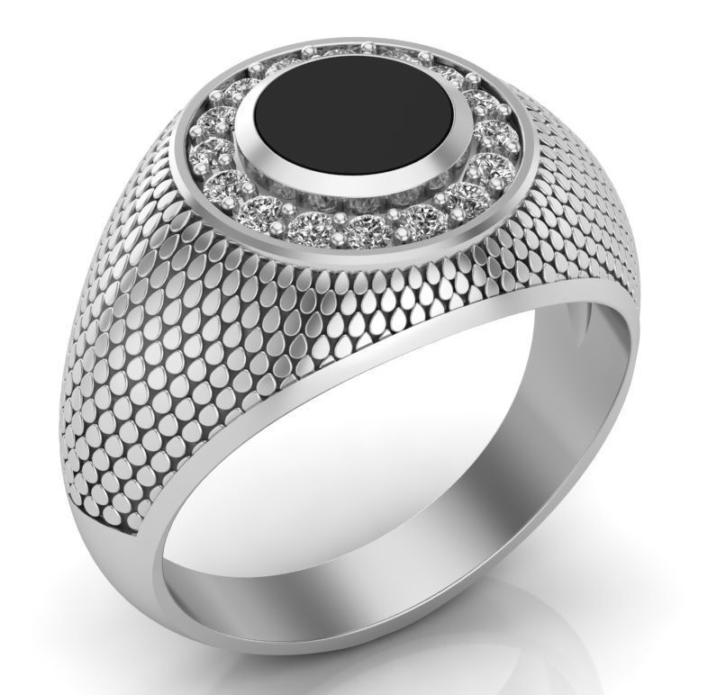 stylish mens signet ring with a pattern and a black stone 3D print model_2