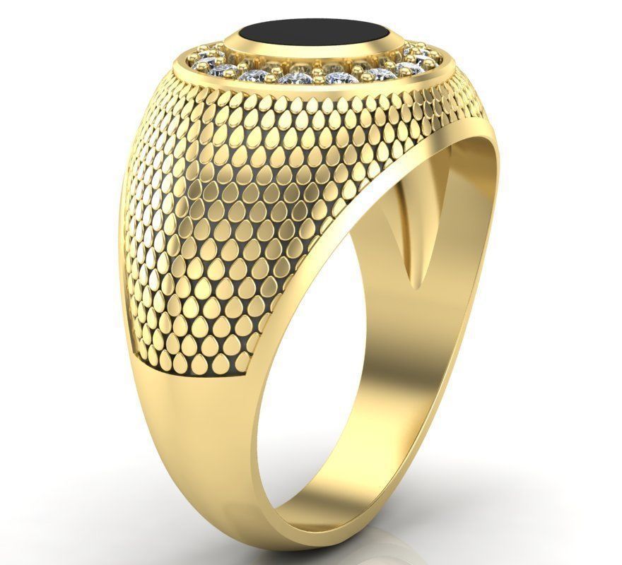 stylish mens signet ring with a pattern and a black stone 3D print model_3