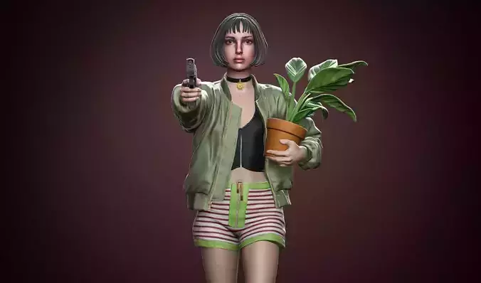 Mathilda woman holding gun and plants