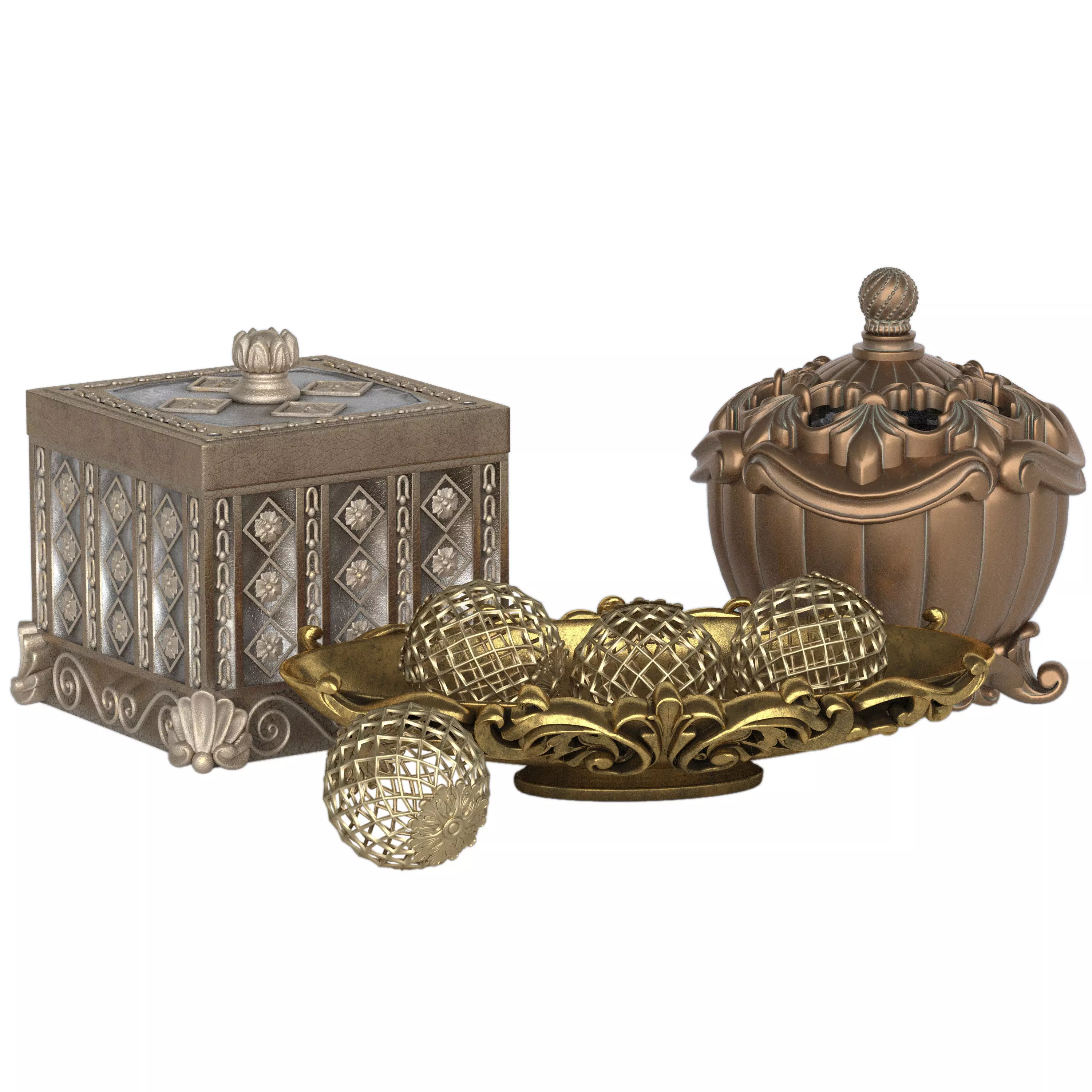 Decorative set 1 three ornate boxes and ornaments 3D model_0
