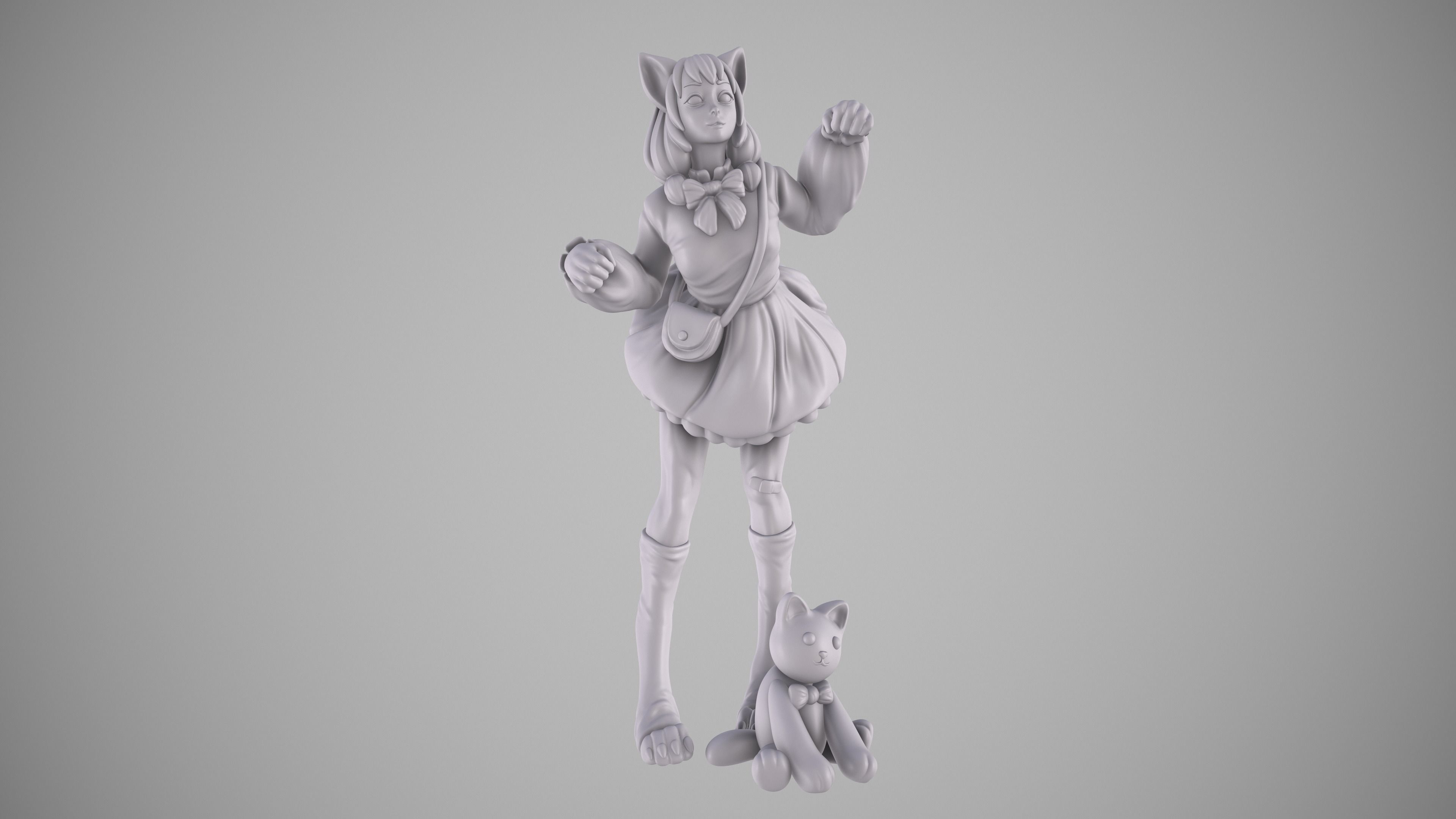 Catgirl cartoon girl with teddy bear 3D print model_3