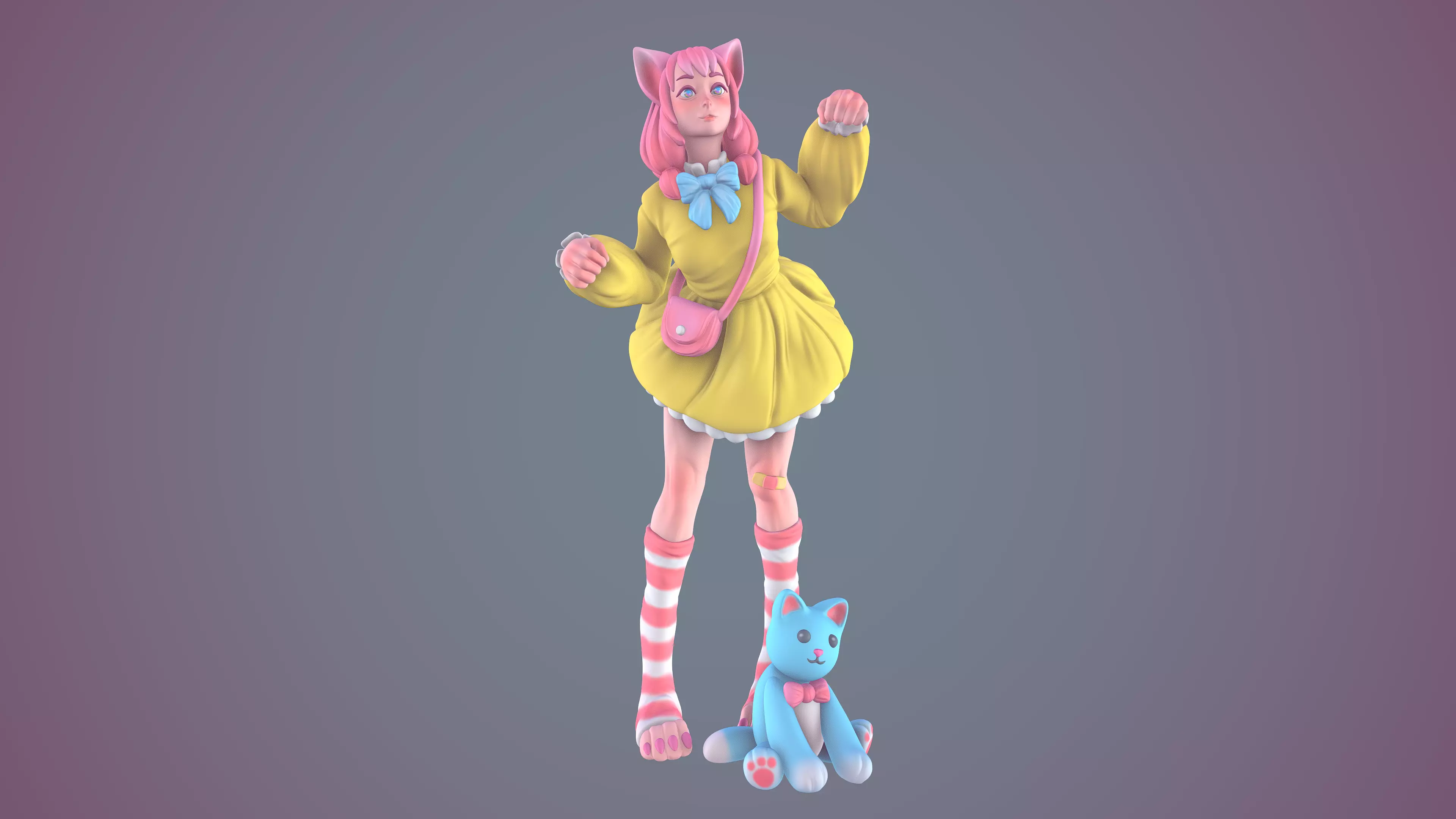 Catgirl cartoon girl with teddy bear 3D print model_0