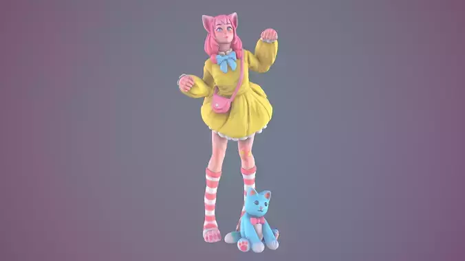 Catgirl cartoon girl with teddy bear