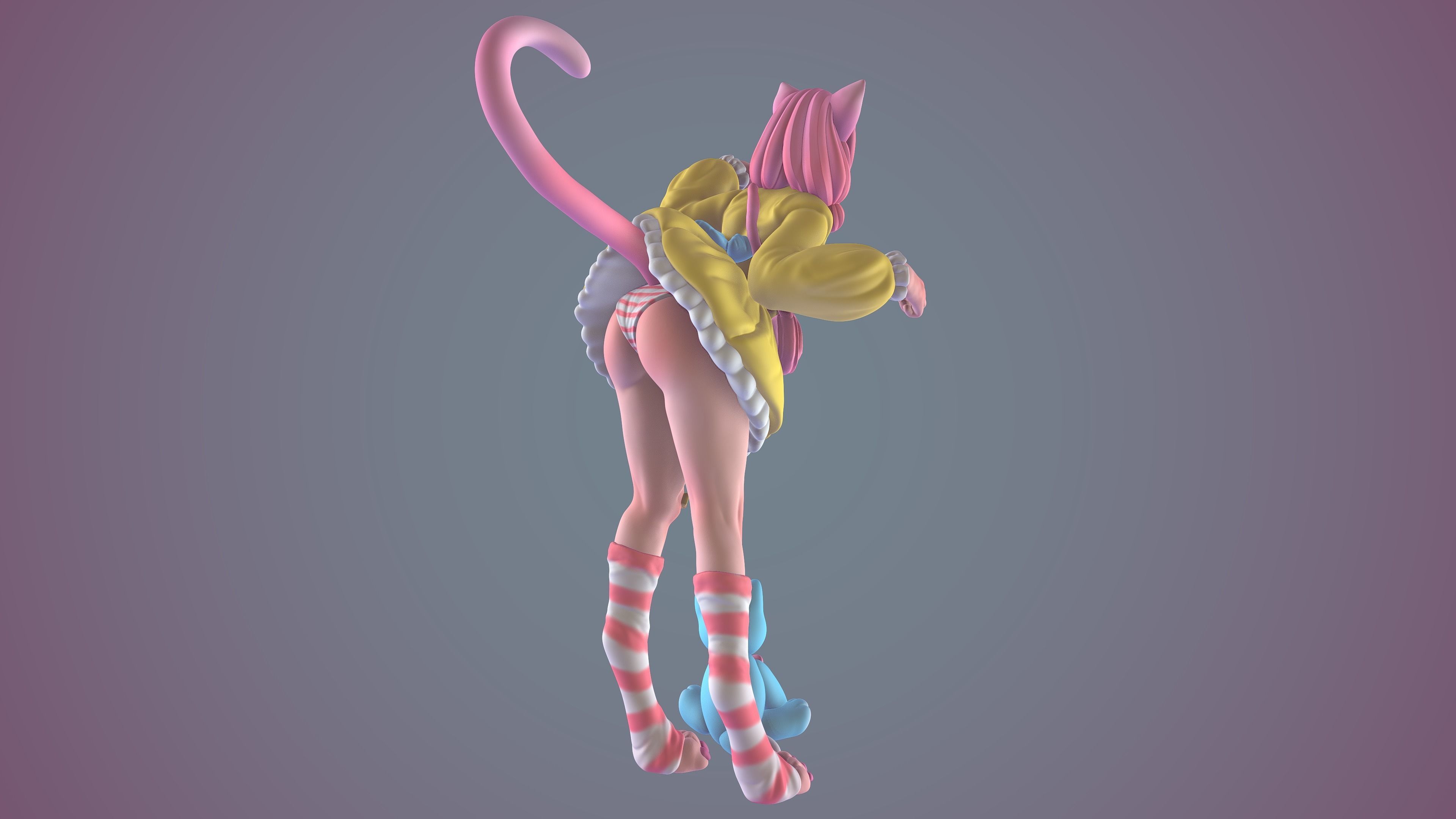 Catgirl cartoon girl with teddy bear 3D print model_2
