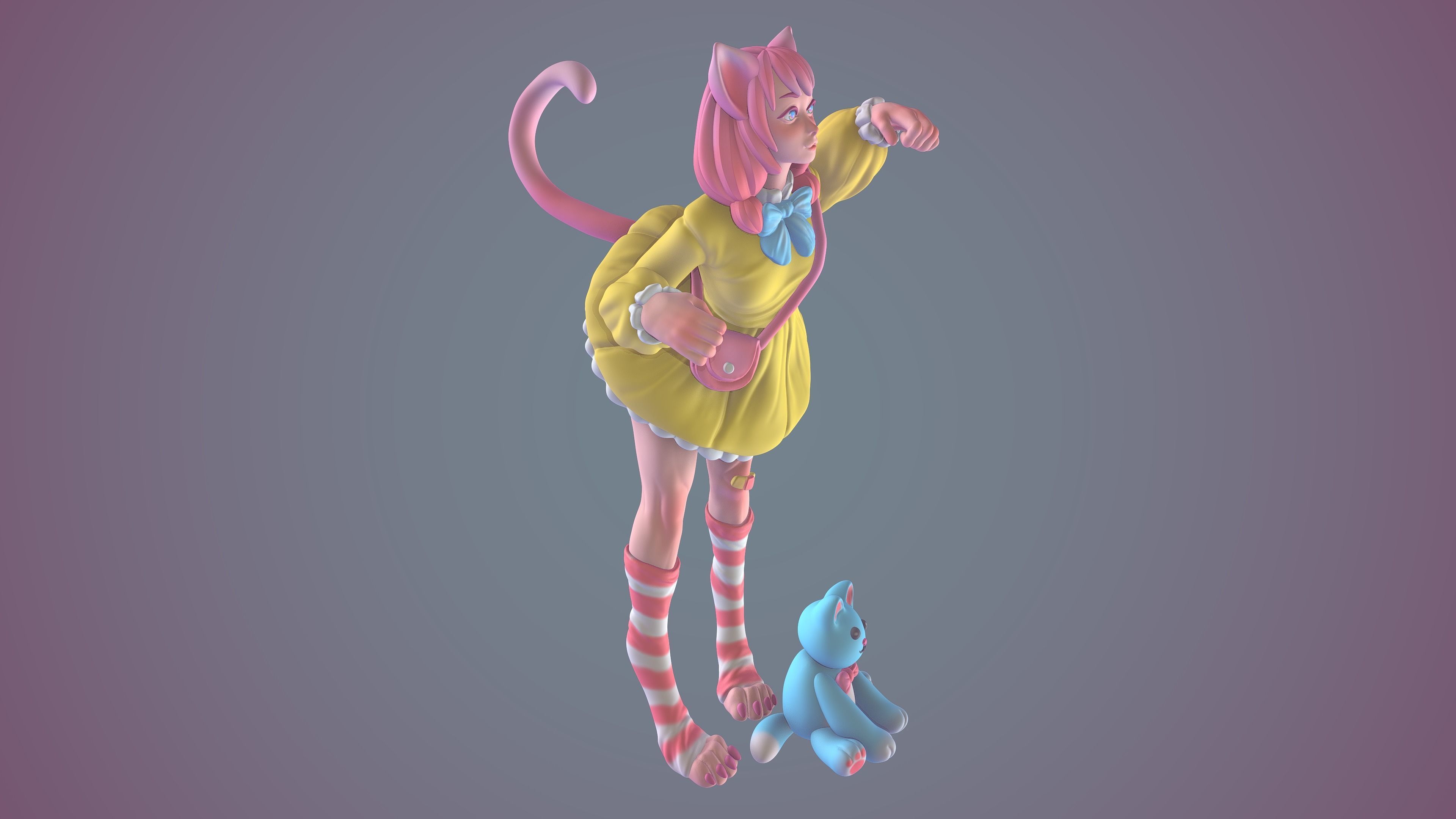 Catgirl cartoon girl with teddy bear 3D print model_1