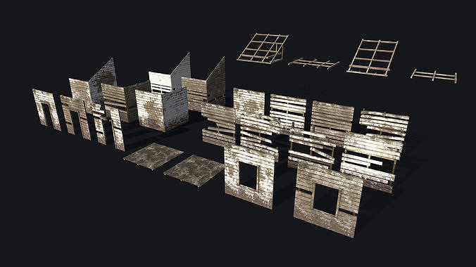 Wooden Building Modular Kit Low-poly 3D model
