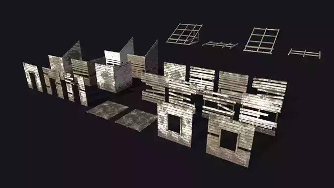 Wooden Building Modular Kit Low-poly 3D model