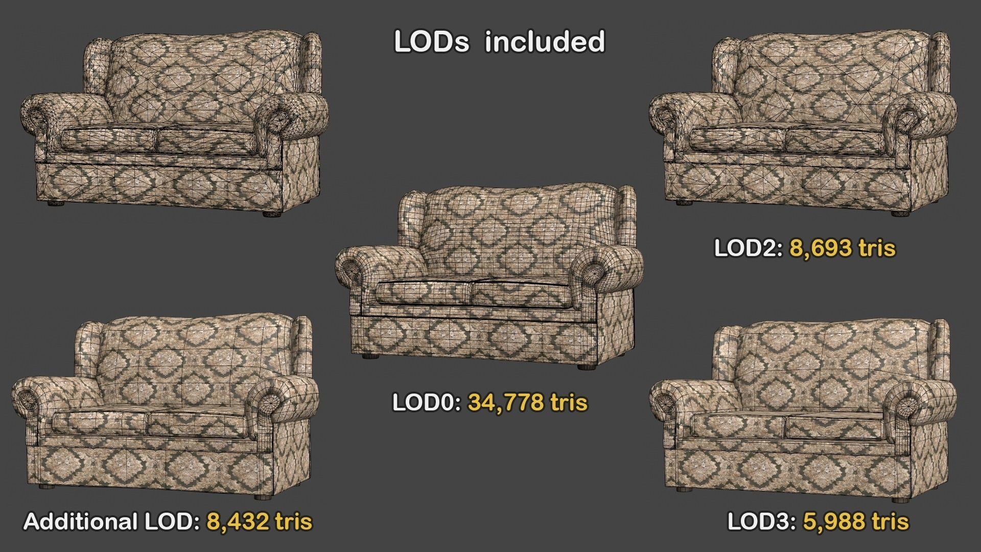 Classic Sofa PBR GameReady Low-poly 3D model_4