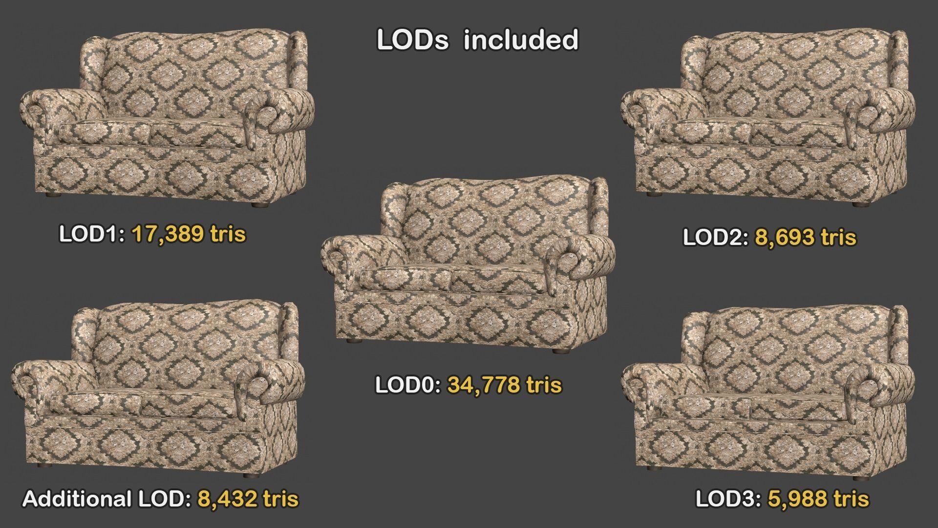 Classic Sofa PBR GameReady Low-poly 3D model_3