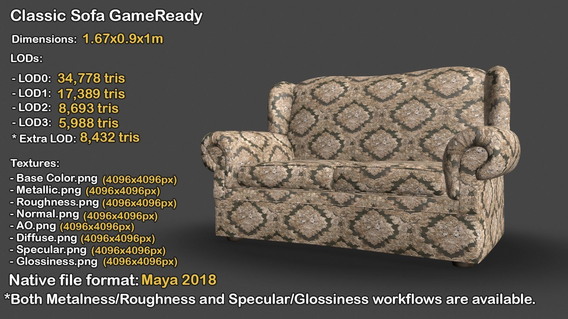 Classic Sofa PBR GameReady Low-poly 3D model_2