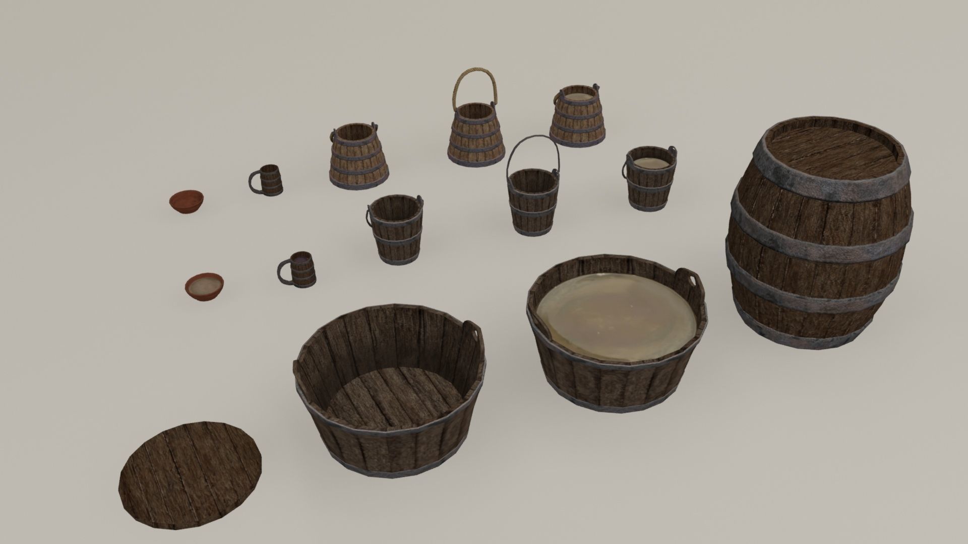 Medieval containers buckets mugs pack Low-poly 3D model_2