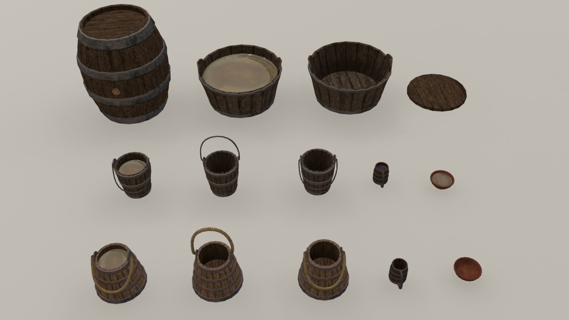 Medieval containers buckets mugs pack Low-poly 3D model_7