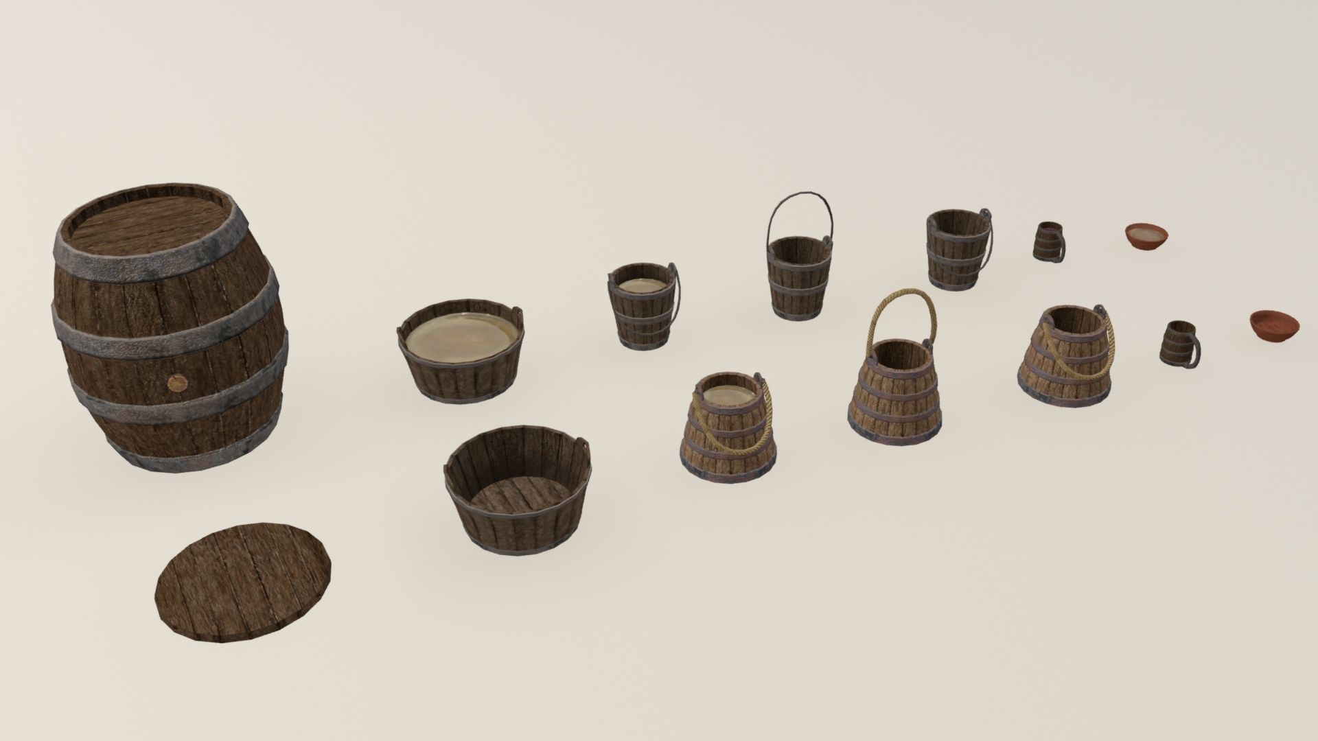 Medieval containers buckets mugs pack Low-poly 3D model_1
