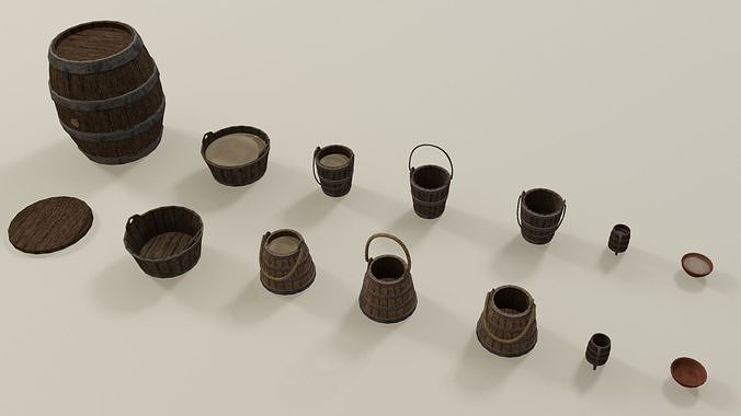 Medieval containers buckets mugs pack Low-poly 3D model