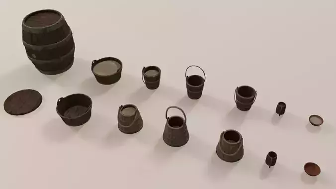 Medieval containers buckets mugs pack Low-poly 3D model