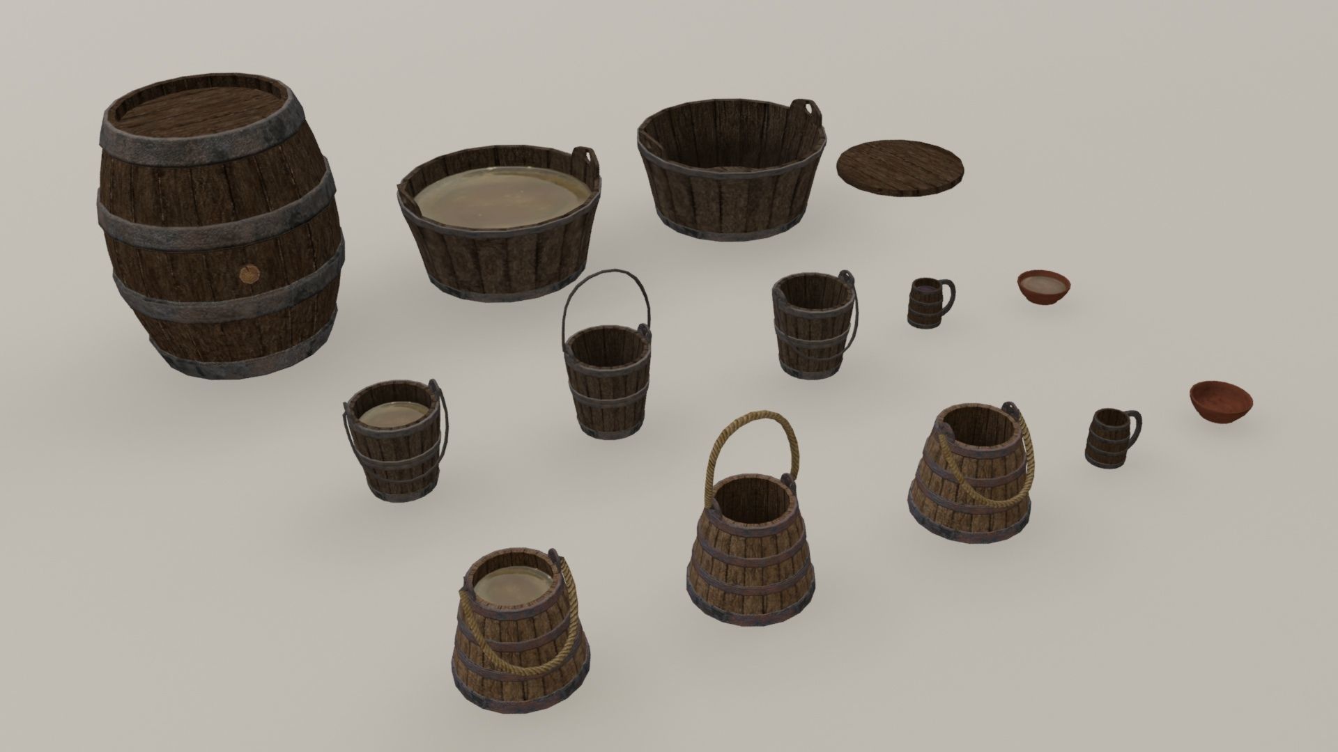 Medieval containers buckets mugs pack Low-poly 3D model_10