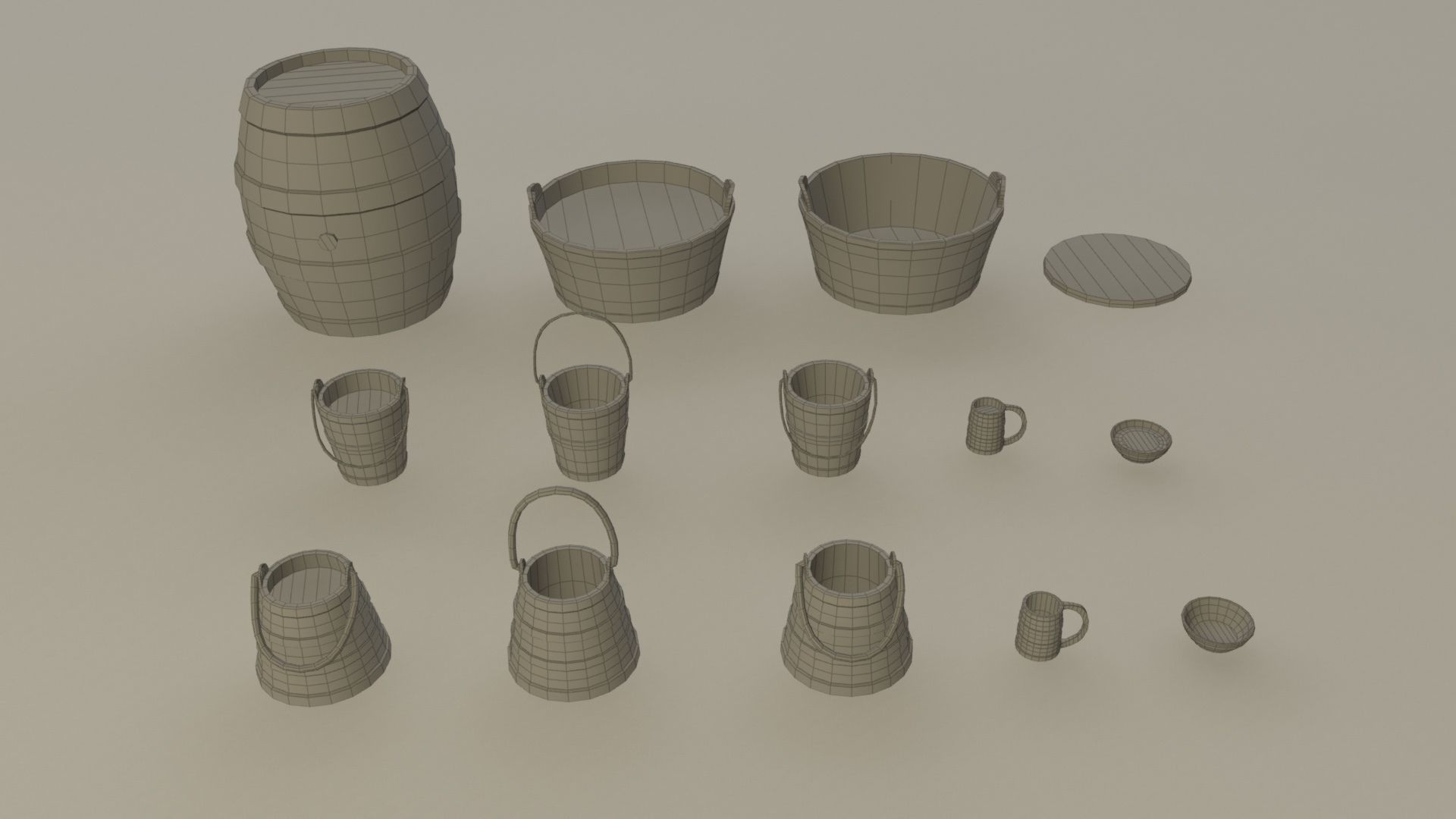 Medieval containers buckets mugs pack Low-poly 3D model_15