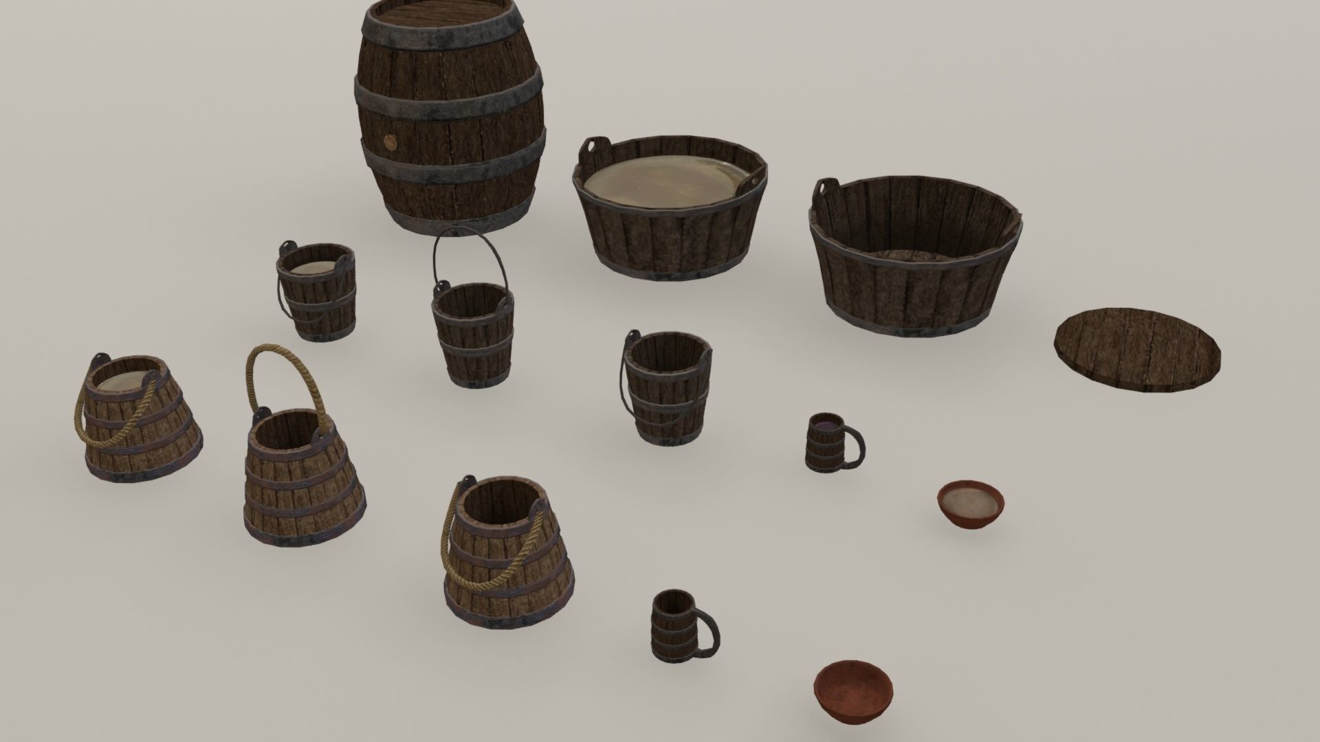 Medieval containers buckets mugs pack Low-poly 3D model_8