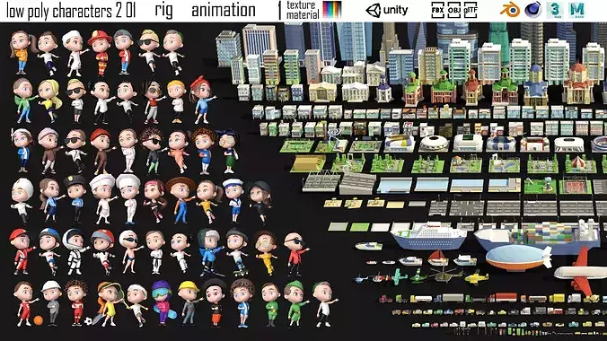 low poly city and characters 2 01 3D Model Pack 2