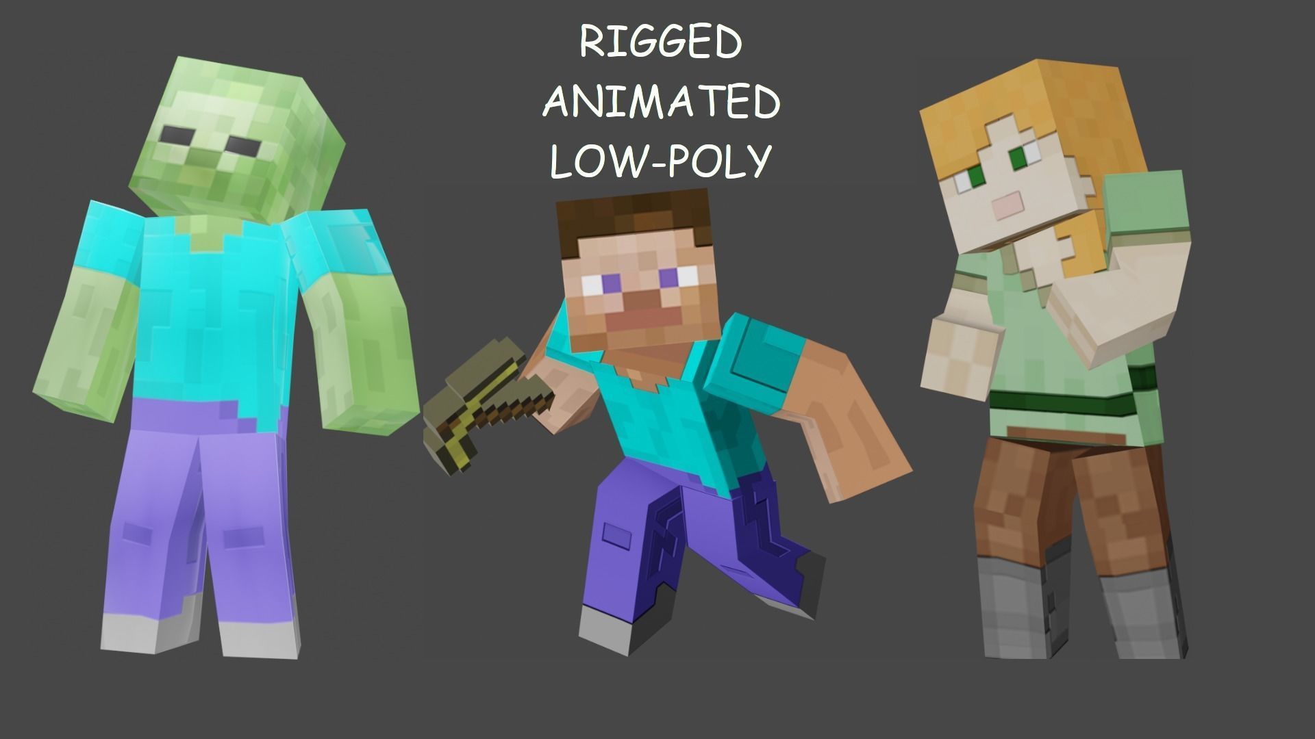 MINECRAFT ALEX - STEVE - ZOMBI RIGGED PACK Low-poly 3D model_3