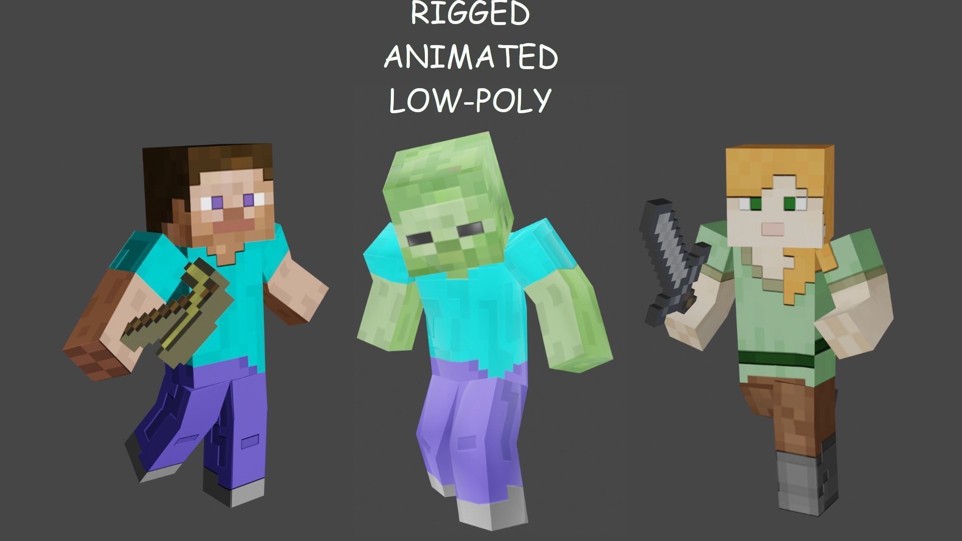 MINECRAFT ALEX - STEVE - ZOMBI RIGGED PACK Low-poly 3D model_2