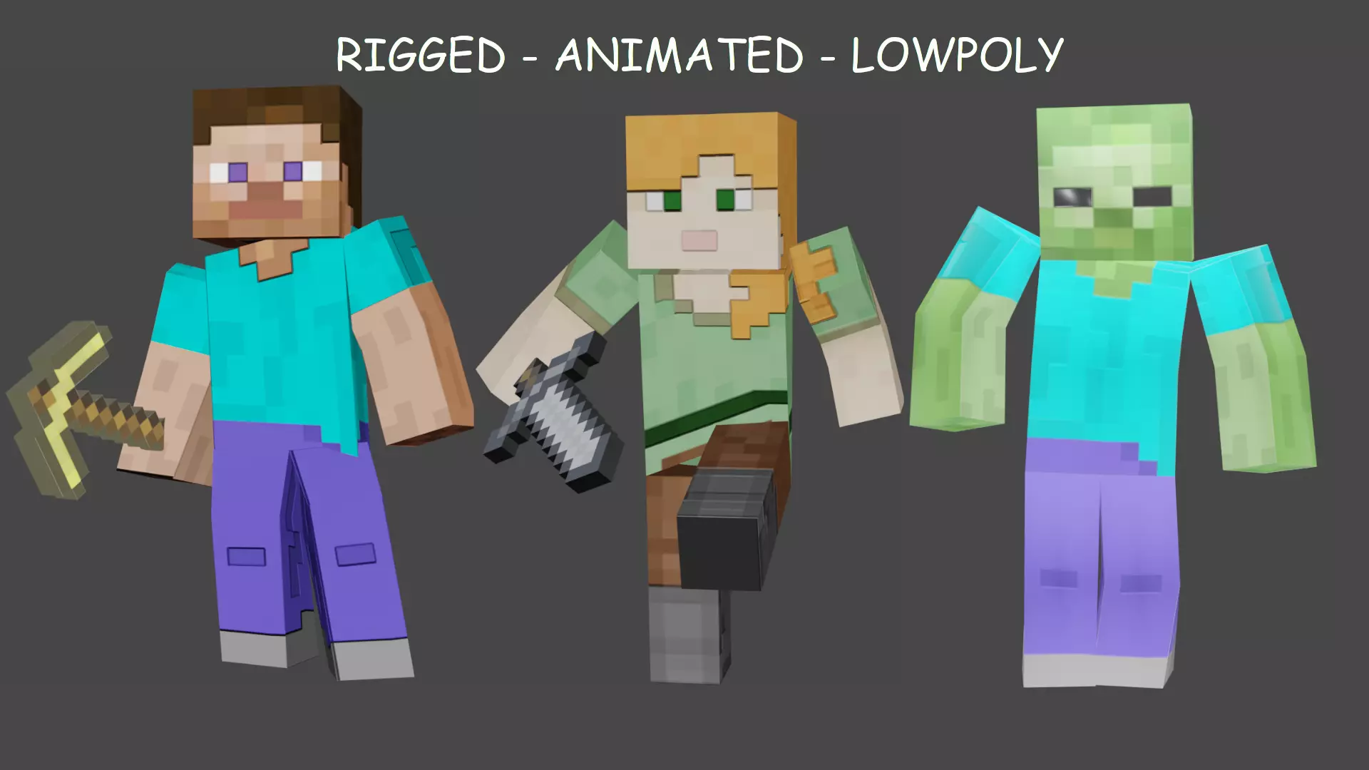 MINECRAFT ALEX - STEVE - ZOMBI RIGGED PACK Low-poly 3D model_0