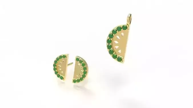Watermelon stud earrings gold with emeralds