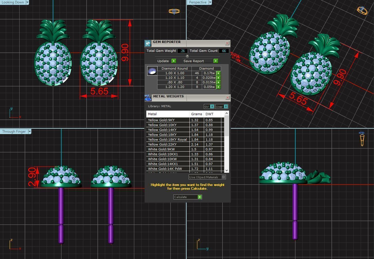 Pineapple pair of gold and diamond earrings 3D print model_2