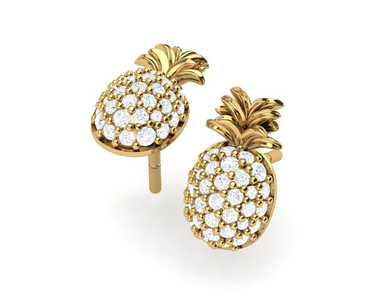 Pineapple pair of gold and diamond earrings 3D print model_1
