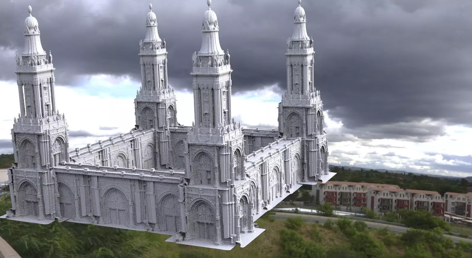 Gothic Cathedral Towers with walls 3D model