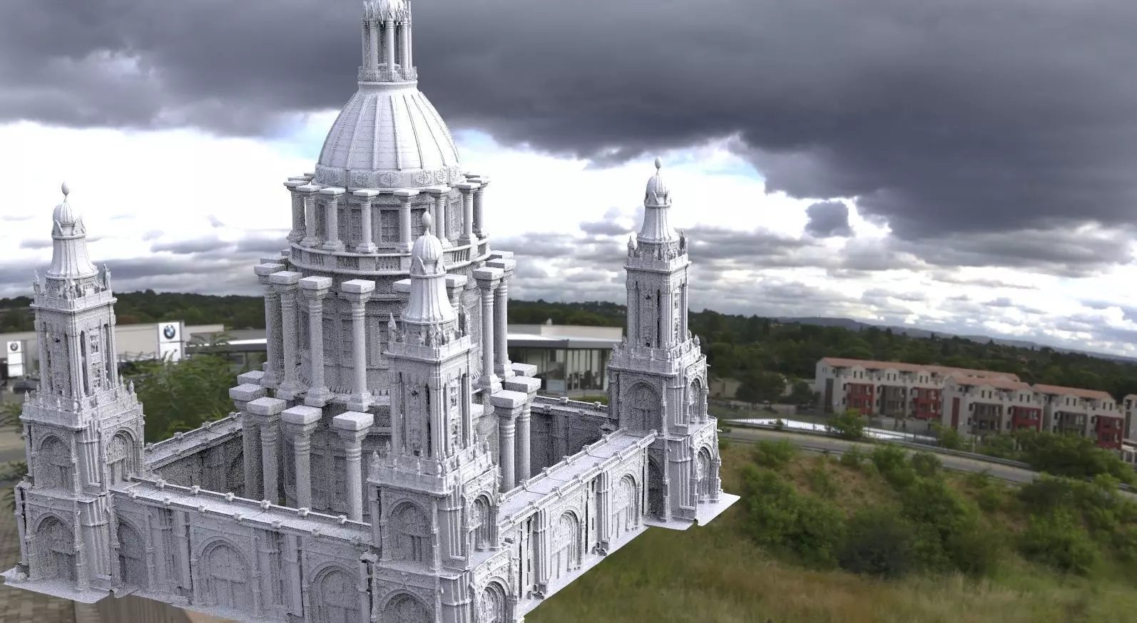 Gothic Cathedral Towers with walls with Dome Tower 3D model_0