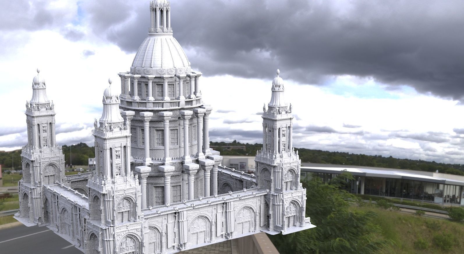 Gothic Cathedral Towers with walls with Dome Tower 3D model_1