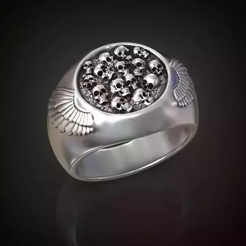 Signet ring skulls wings bones