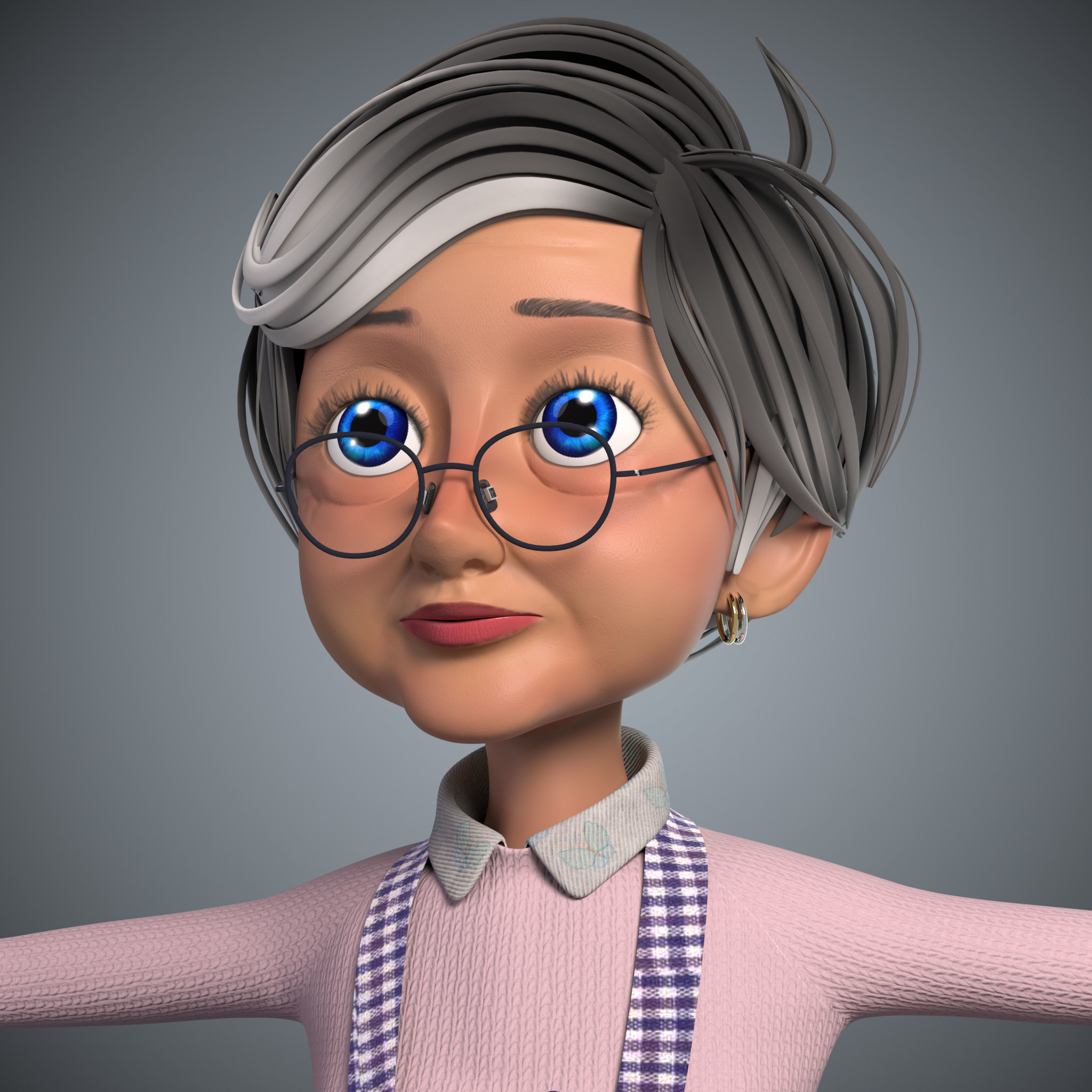 Cartoon Old Woman GrandMa with Rig Low-poly 3D model_2