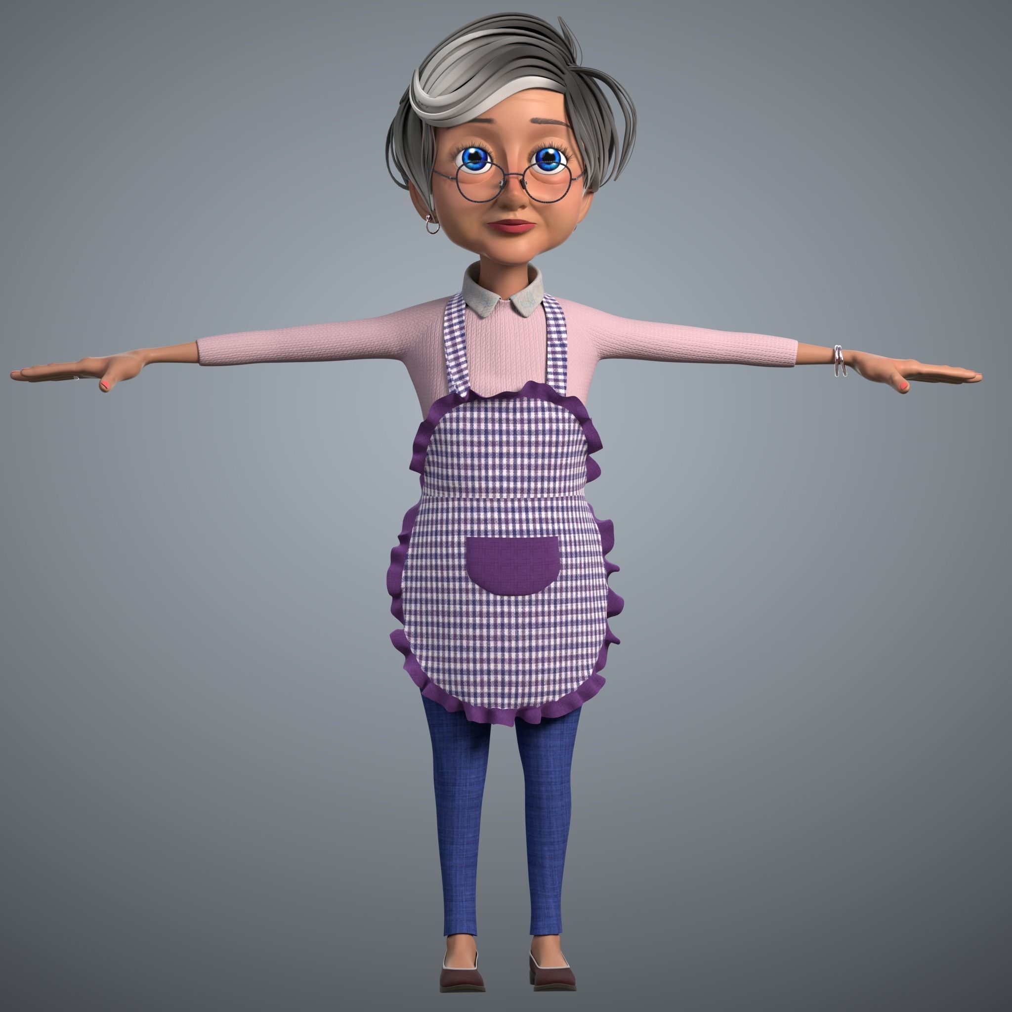 Cartoon Old Woman GrandMa with Rig Low-poly 3D model_6