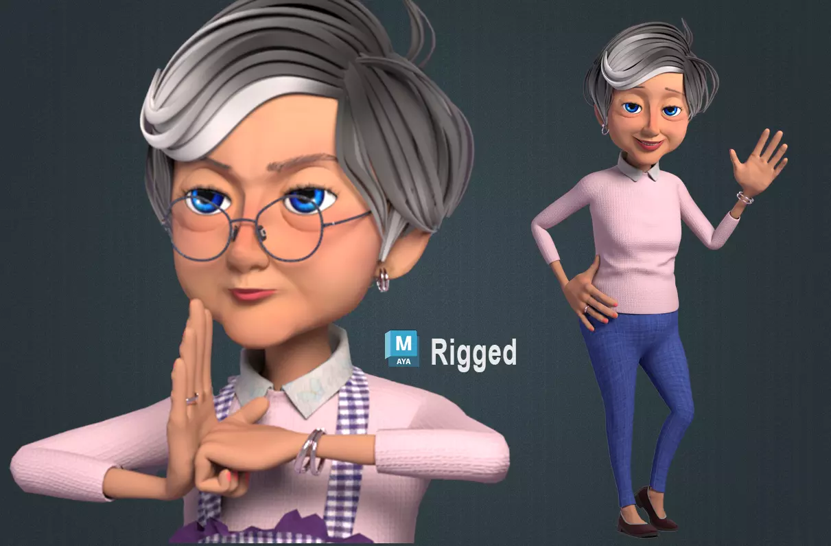 Cartoon Old Woman GrandMa with Rig Low-poly 3D model_0