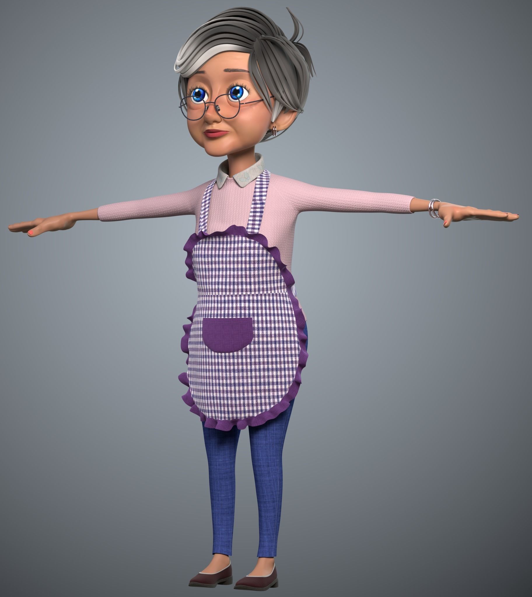 Cartoon Old Woman GrandMa with Rig Low-poly 3D model_7