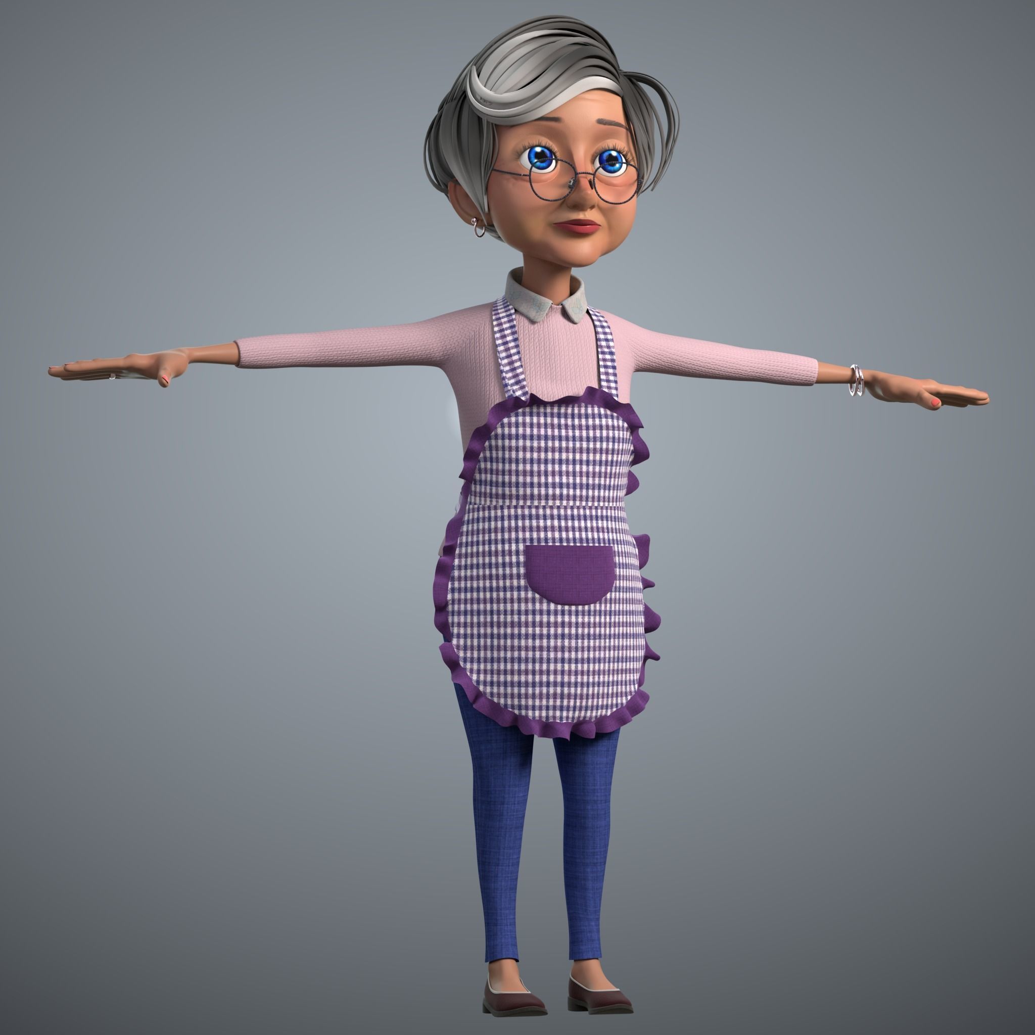 Cartoon Old Woman GrandMa with Rig Low-poly 3D model_9