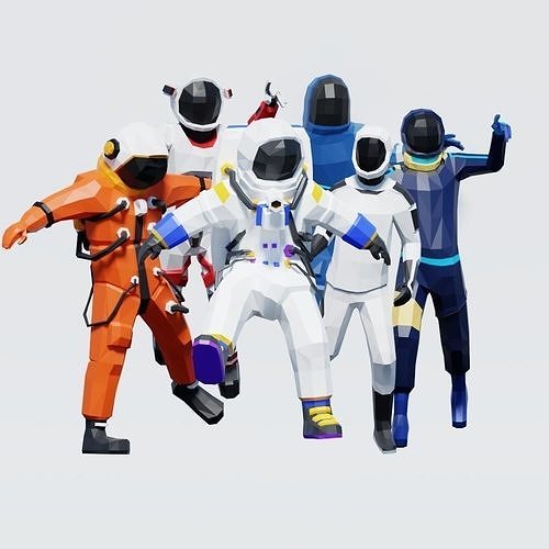 Lowpoly Astronauts group of in spacesuits Low-poly 3D model