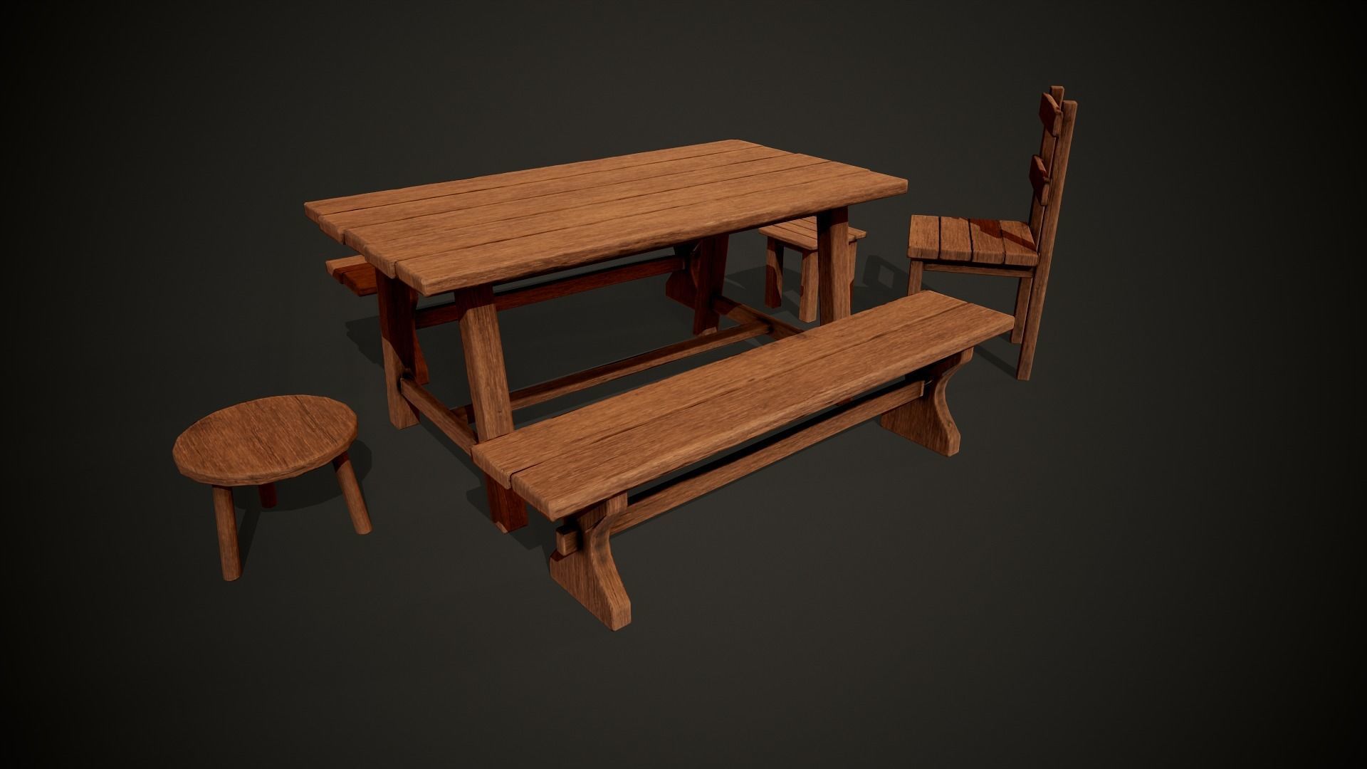 Medieval dungeon sitting - Tables - Chair -Bench and stools Low-poly 3D model_12
