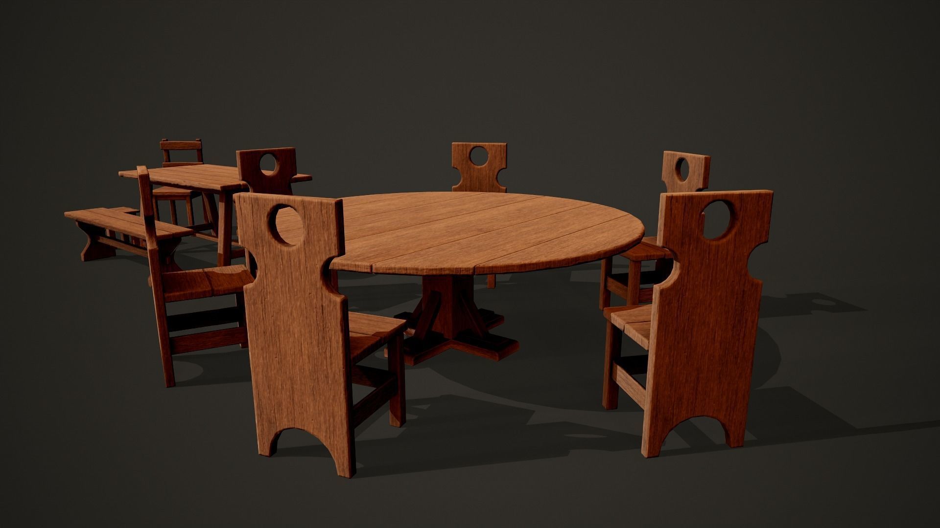 Medieval dungeon sitting - Tables - Chair -Bench and stools Low-poly 3D model_5