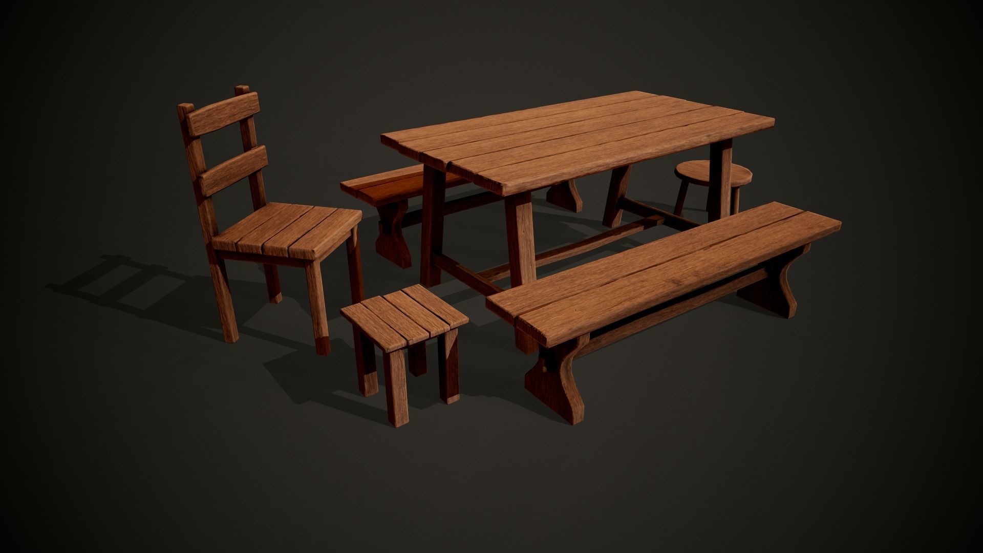 Medieval dungeon sitting - Tables - Chair -Bench and stools Low-poly 3D model_13
