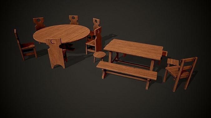 Medieval dungeon sitting - Tables - Chair -Bench and stools Low-poly 3D model