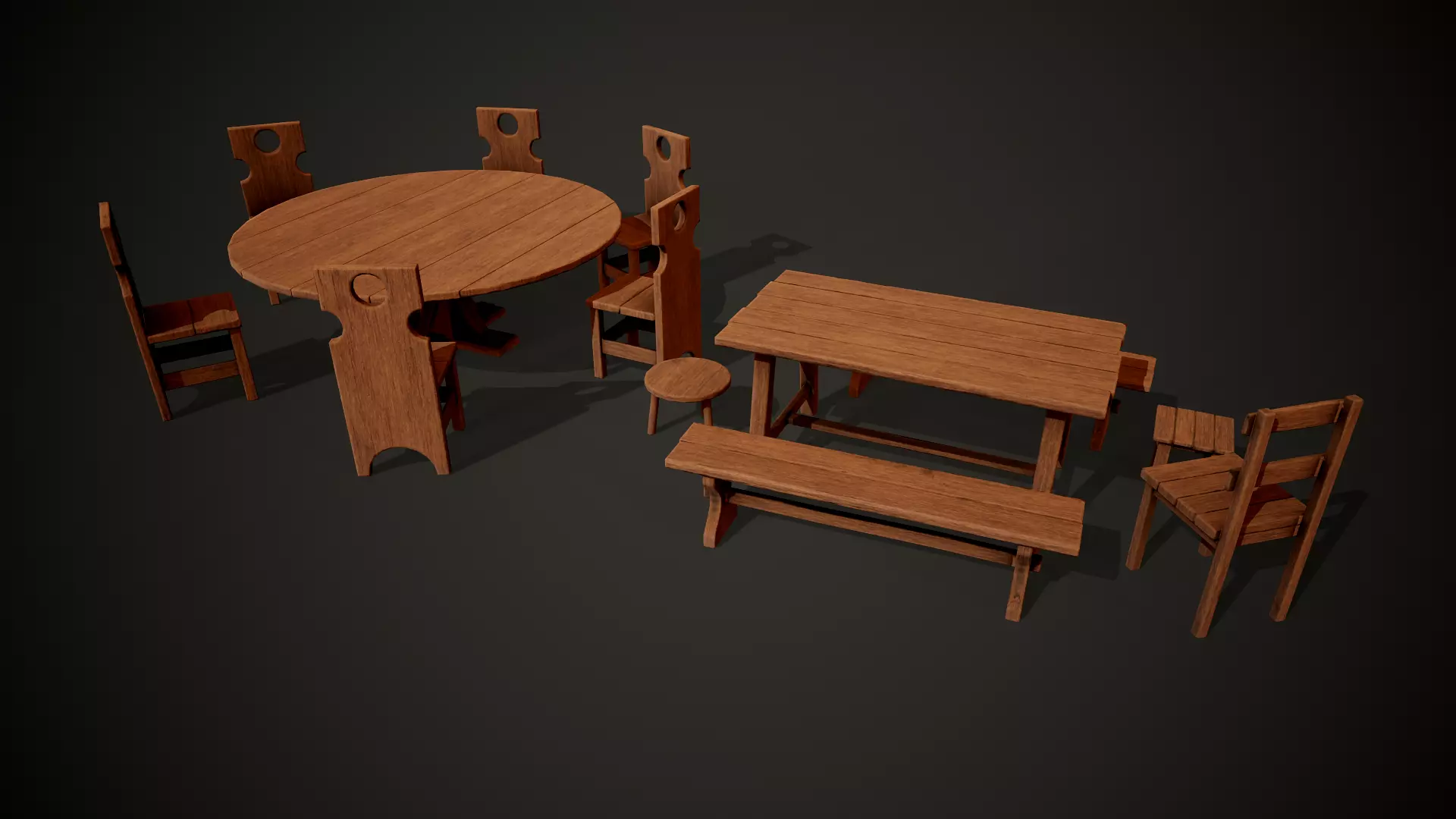 Medieval dungeon sitting - Tables - Chair -Bench and stools Low-poly 3D model_0