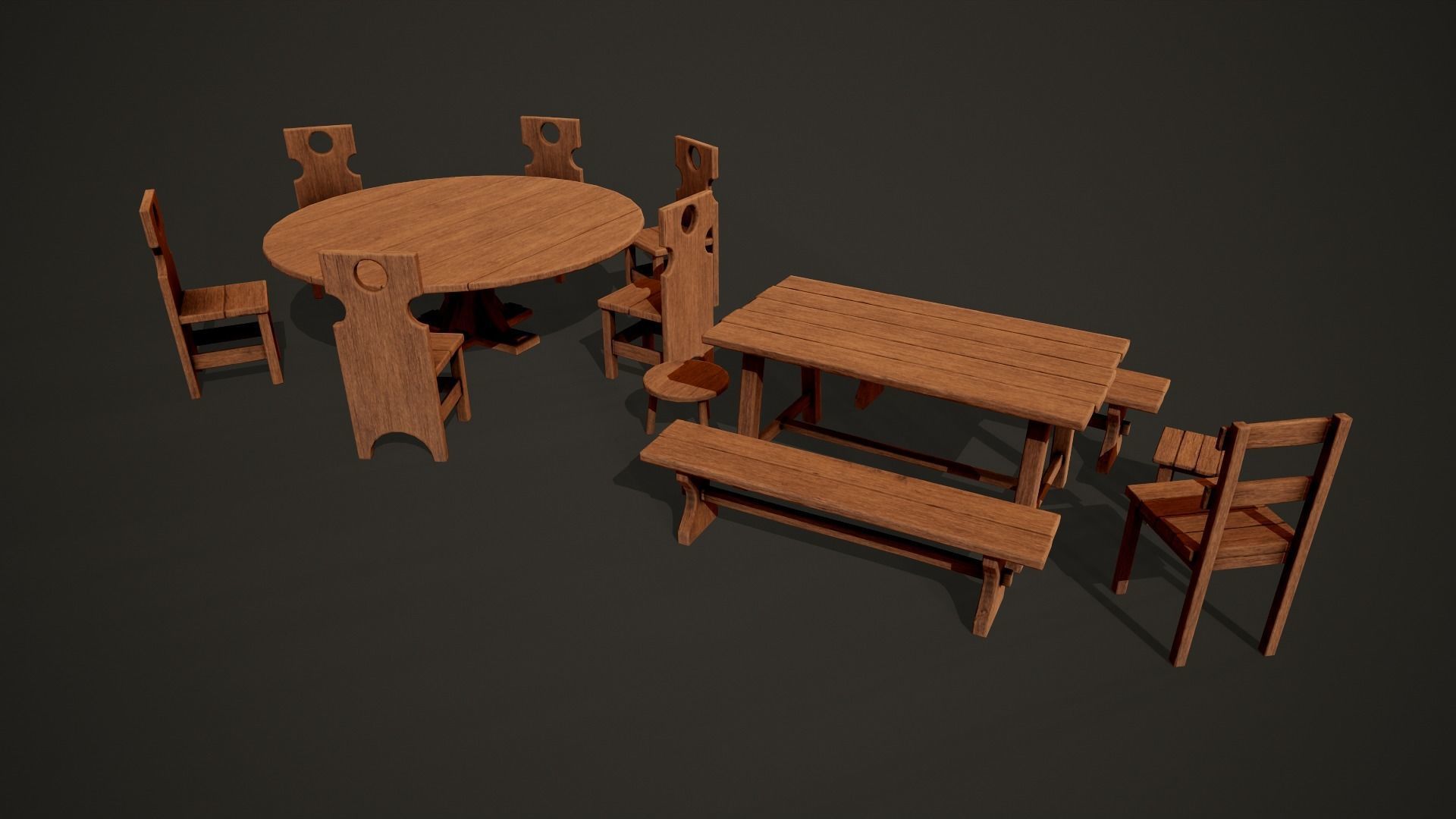 Medieval dungeon sitting - Tables - Chair -Bench and stools Low-poly 3D model_3