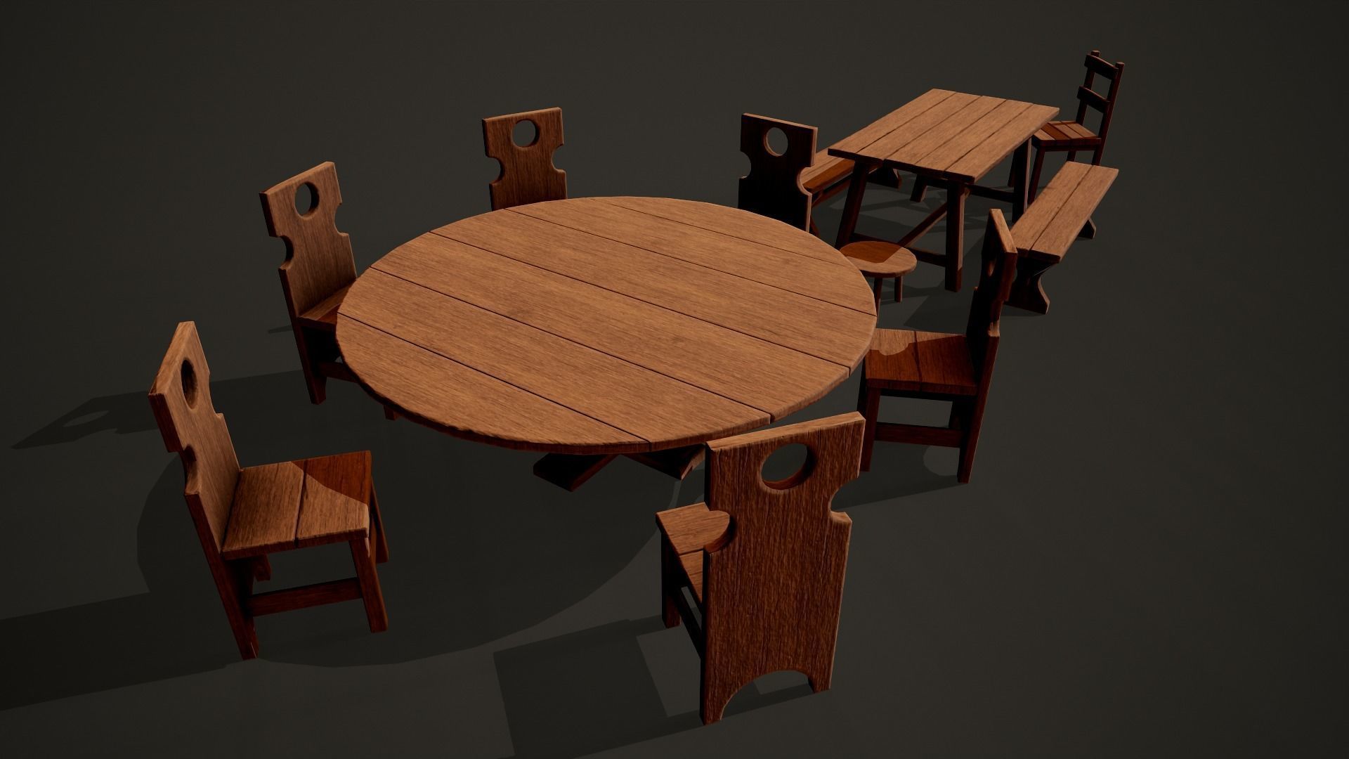 Medieval dungeon sitting - Tables - Chair -Bench and stools Low-poly 3D model_4