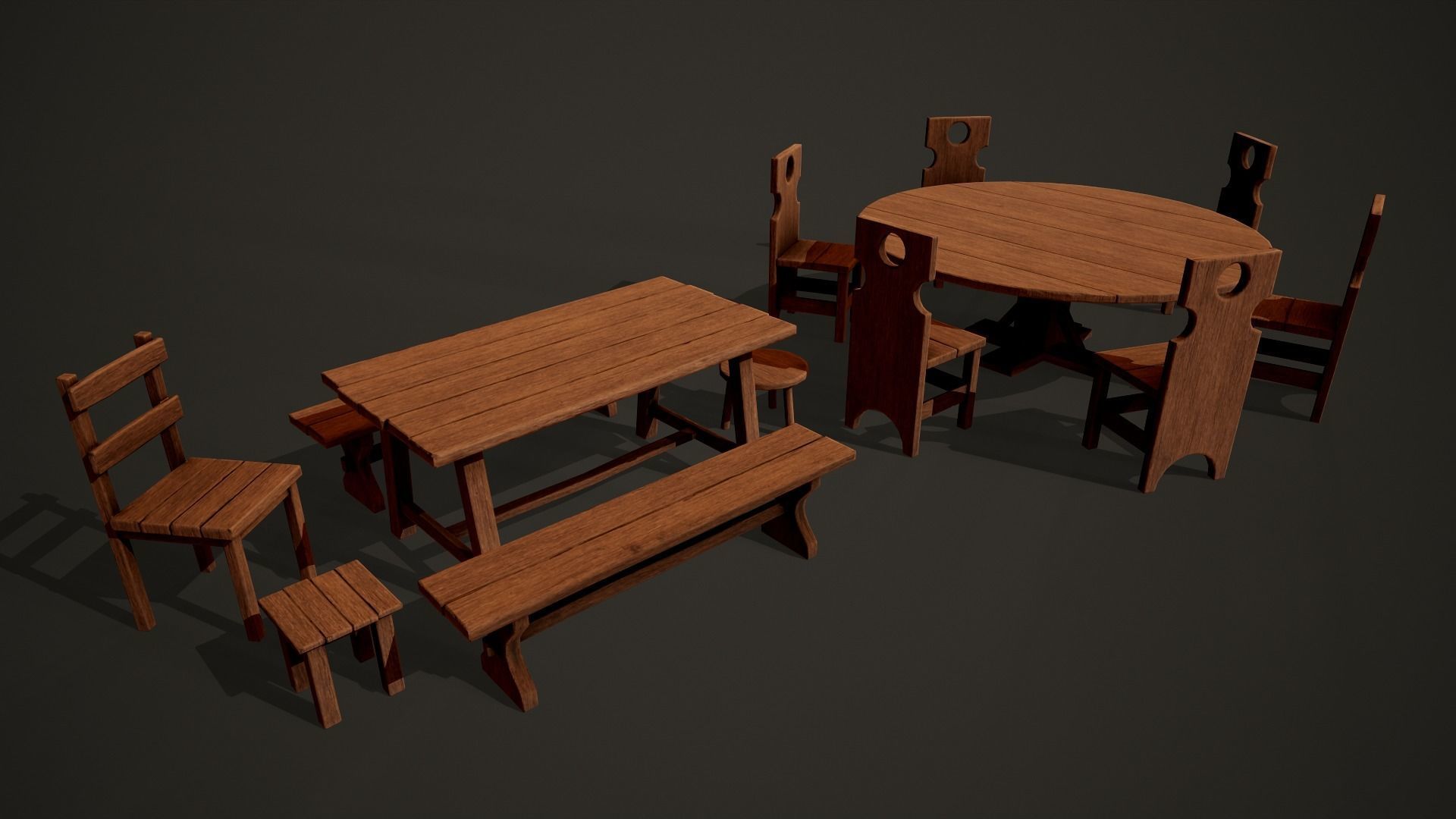 Medieval dungeon sitting - Tables - Chair -Bench and stools Low-poly 3D model_1