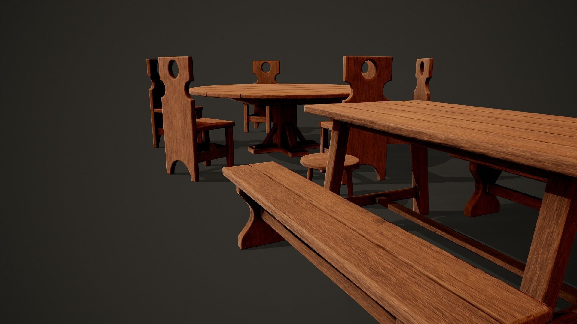 Medieval dungeon sitting - Tables - Chair -Bench and stools Low-poly 3D model_7