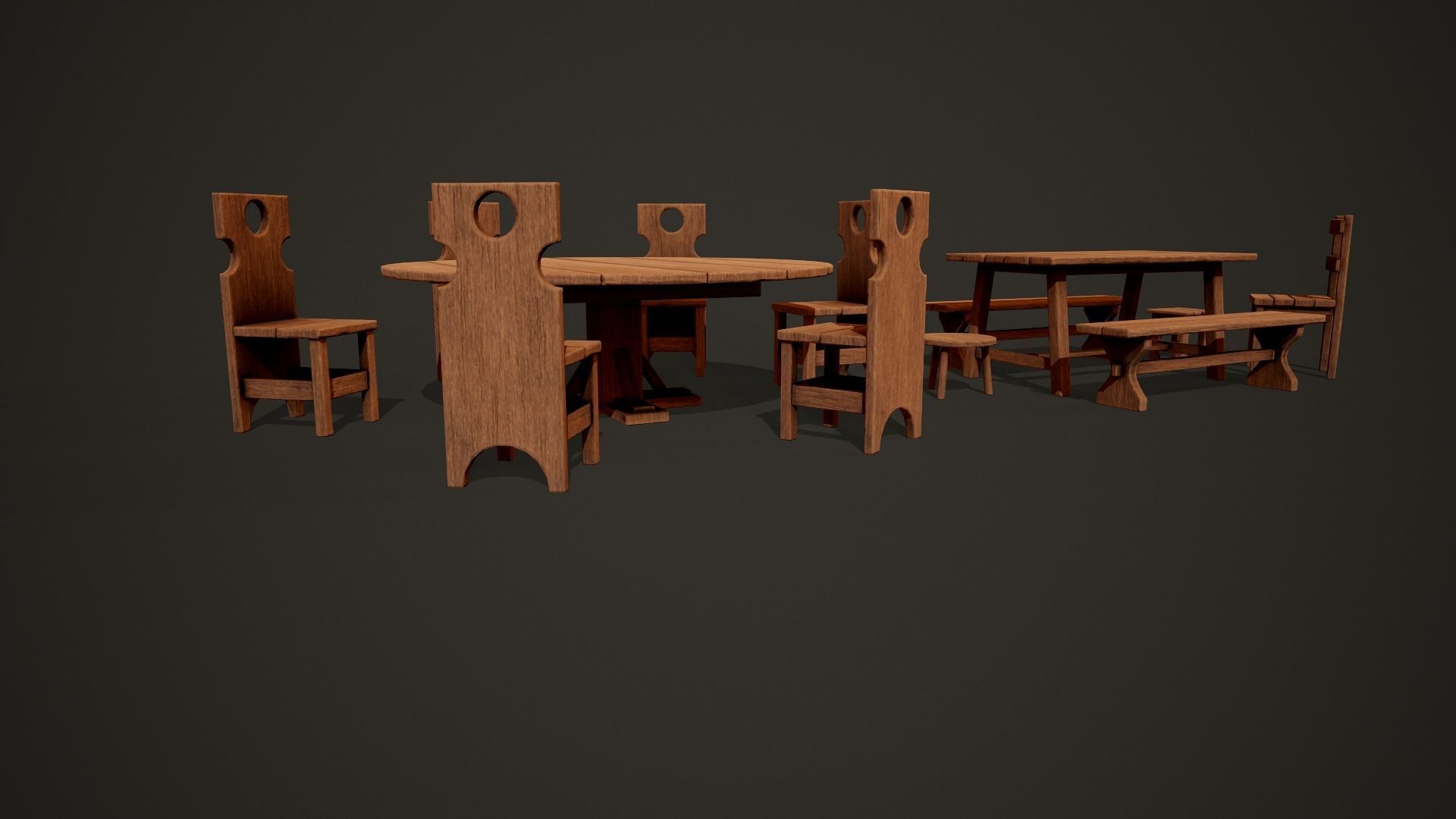 Medieval dungeon sitting - Tables - Chair -Bench and stools Low-poly 3D model_8